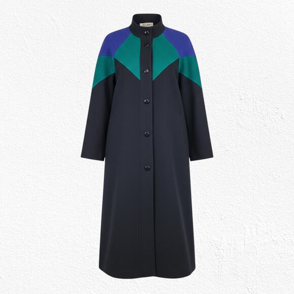 Vintage 80s Colorblock Wool Coat Blue Green Black Beau Brem Overcoat Size 16 - Picture 1 of 12